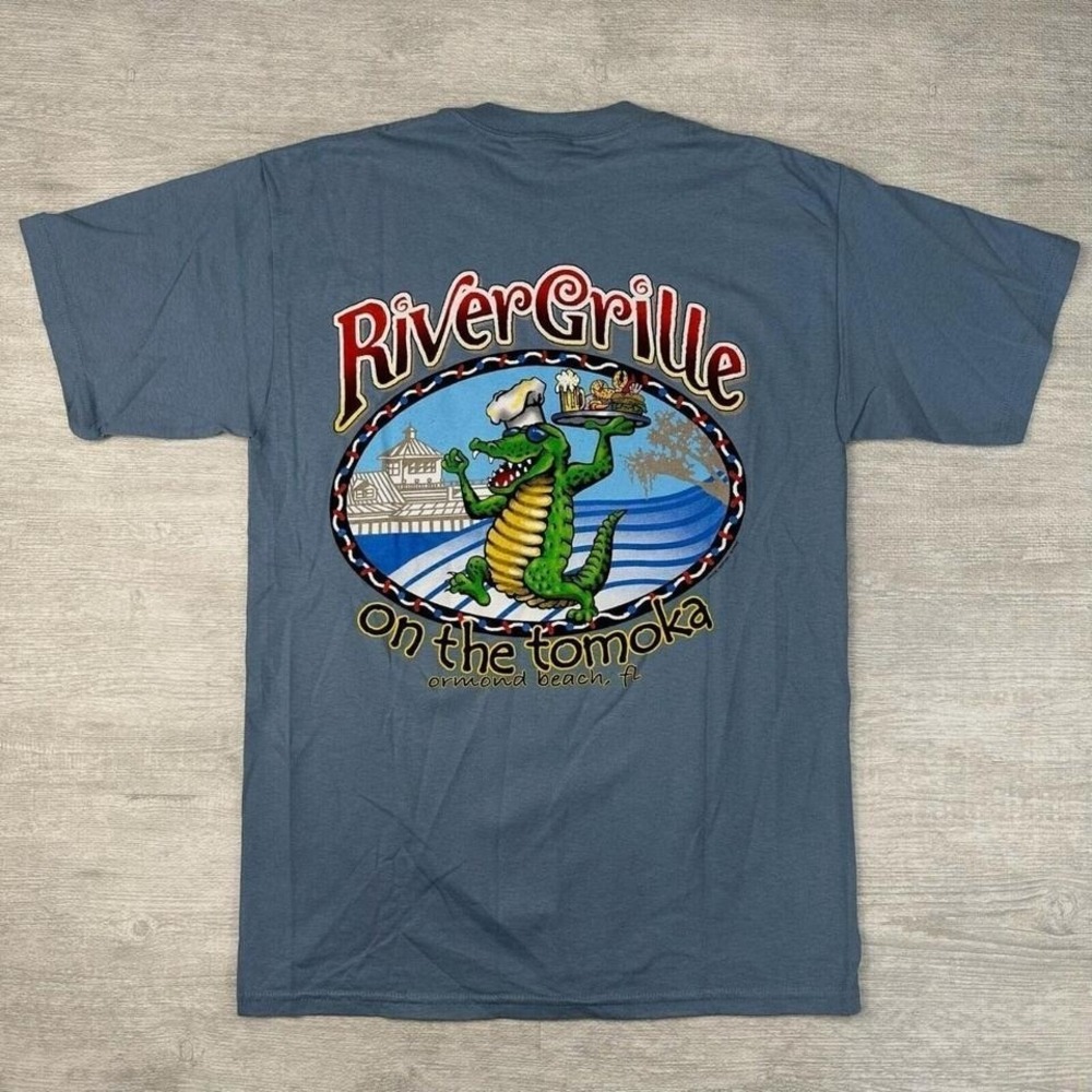 Vintage River Grill Shirt Mens Medium Blue Alligator Tomoka‎ Florida